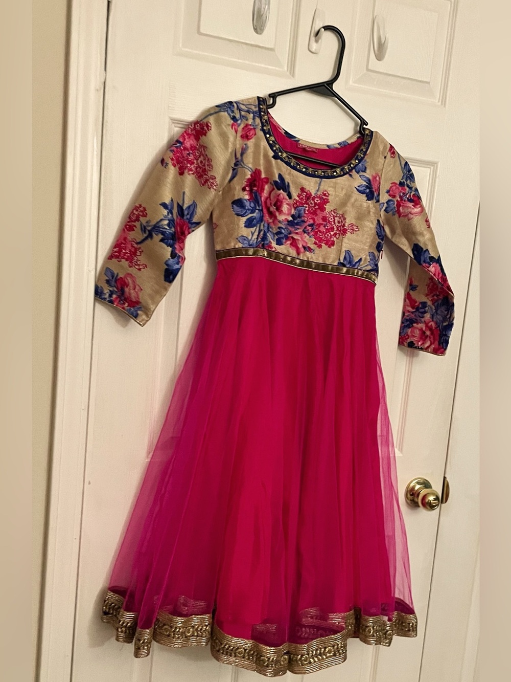 Girls Floral Gold & Hot Pink Tulle Party Dress